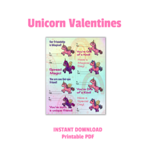 white background Unicorn Valentines, Instant Download, Printable PDF, with the printable valentines shown with 8 per sheet