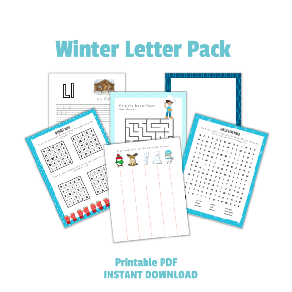 background, winter letter pack, printable pdf, instant download, six pages, letter L "Log Cabin", Maze, Finish the drawing, A to Y Maze, Scissor Practice, Word Search shown