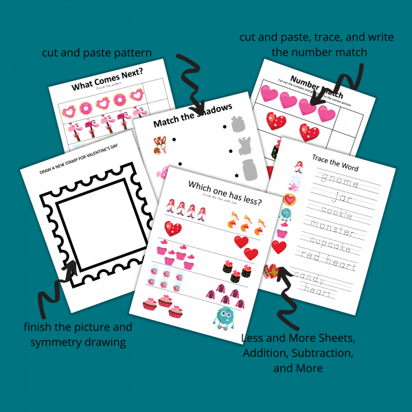 teal background, cut and paste pattern, match the shadow, cut and paste, trace, and write the number, less or more, addition, subtraction, and multiplication, finish the picture and symmetry drawing with arrows pointing to those worksheets