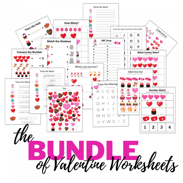 white background the bundle of Valentine worksheets shows ispy, trace the missing letter and number, ABC soup, pattern, number match, shadow match, trace the path, write the word, trace the word, connect the number, more or less, odd one out