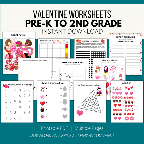 Valentine Worksheets PreK to 2nd Grade Instant Download, Printable PDF, Multiple Pages, Download and Print as Many as You Want. Shows Count Puzzle, Candy Graphic, Connect 4 Game, Word Scramble, Finish the Drawing and Symmetry Drawing, Memory Game