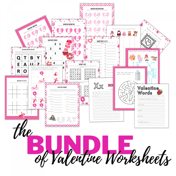 white background, the BUNDLE of Valentine Worksheets, then shows many pages including the letter X, Valentine Words, Mazes, A to Y Maze, Sudoku, Picture Sudoku, TicTacToe, Adding, Subtraction, and Multiplication, Redraw the picture, A to Z Racing