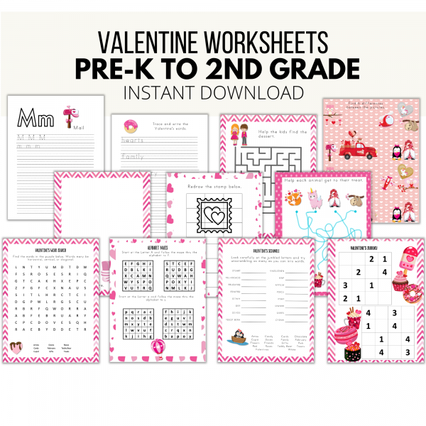 background, Valentine Worksheets, Pre-K to 2nd Grade, Instant Download, Printable PDF, Multiple Pages, Download and Print as Many as You Want! shows the letter M page, Word Page, Maze, What's different, Redraw, Word Search, A to Y Maze, Scramble