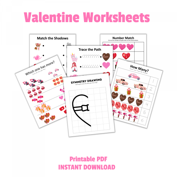 white background with Valentine Worksheets Printable PDF Instant Download, shows match the shadow, symmetry drawing, how many, number match, trace the path and which has more.