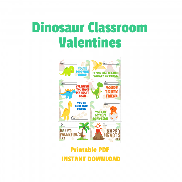 white backgrounds, DInosaur Classroom Valentines printable PDF instant download, picture of the funny 8 different valentines