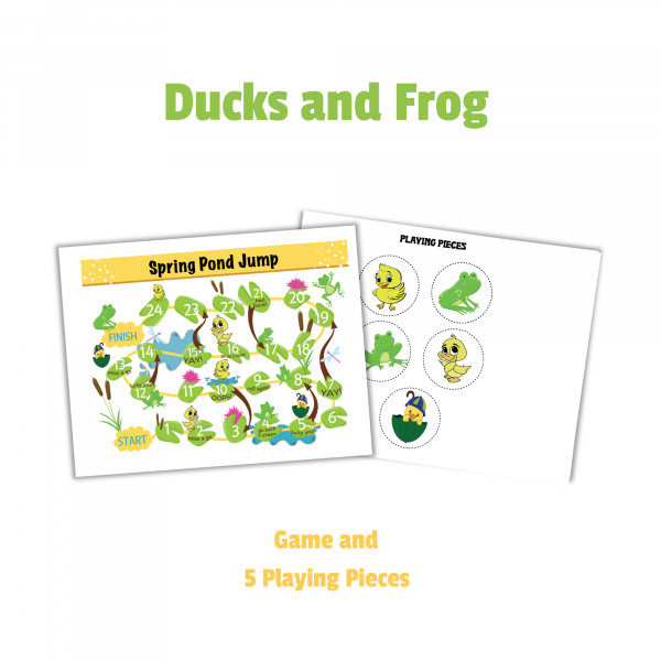 white background Ducks and Frogs Game and 5 Playing Pieces shows game board and printing pieces