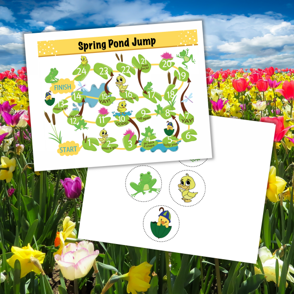 tulip flower background with spring pond jump game board showing cute frogs and ducks and the playing pieces.