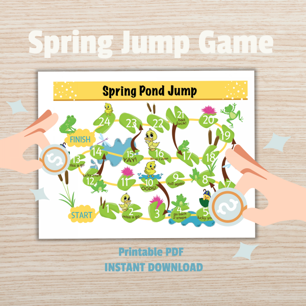 wood table with Spring Jump Game, Printable PDF, Instant Download, with board games and hands using coins as game pieces showing ducks, frogs, and lillypads on the game board