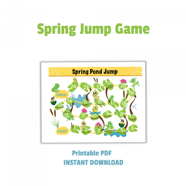 whitebackground with Spring Jump Game with Instant Download Printable PDF with ducks frogs and lillypads on this adorable game