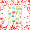 Valentine Hearts background with Dino Valentines with TRex, Volcanos, Palm Trees, Baby Dino, and flying dinos with funny sayings