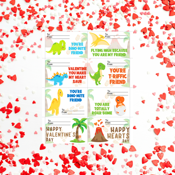 Valentine Hearts background with Dino Valentines with TRex, Volcanos, Palm Trees, Baby Dino, and flying dinos with funny sayings