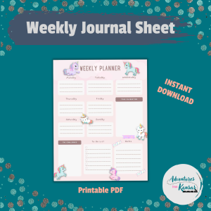 glitter teal dot background, weekly journal sheet, instant download, printable pdf, unicorns on soft pink weekly printable in the middle
