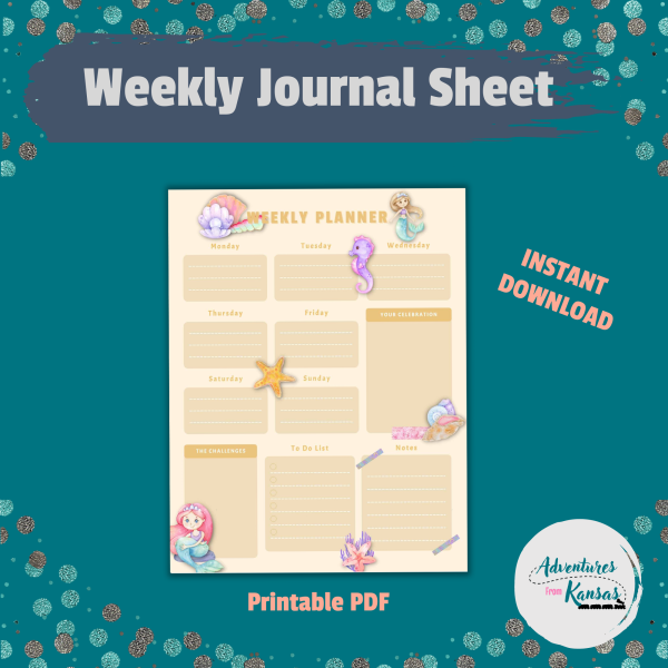 glitter teal dot background with weekly journal sheet, instant download, printable pdf, with yellow-sand background with watercolor shells, seahorse, mermaids shown on the weekly sheet