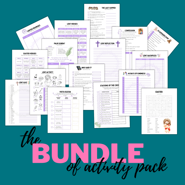teal background the bundle go activity pack. Shows several worksheets from the bundle including lent, journal pages, word search, fill in the blank, etc