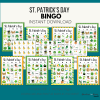 teal background with St. Patrick's Day BINGO Instant Download, Printable PDF, Multiple Pages, Download and Print as Many as you Want. Then shows printable pages of bingo, cover pieces, and calling call pieces