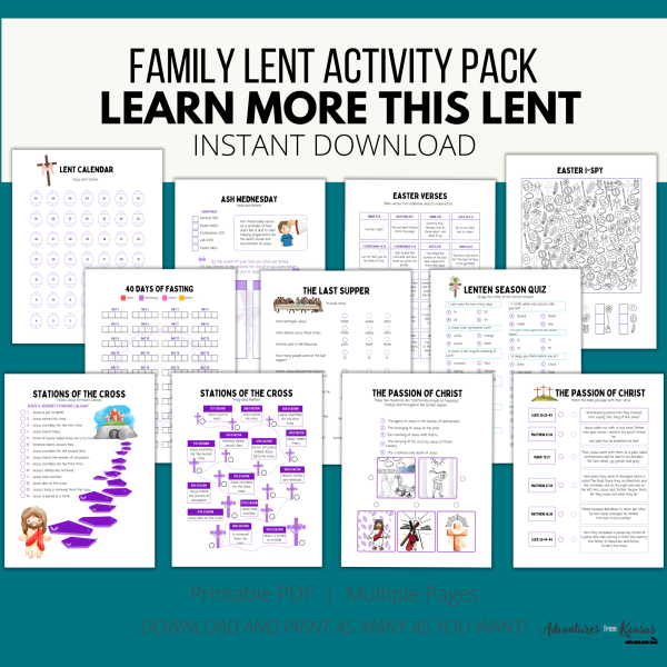 teal background; words Family Lent activity pack, learn more this lent, instant download, printable pfd, multiple pages, download and print as many as you want; pictures are images of the lent activities for kids and adults including ispy, fasting, easter countdown, and stations of the cross, and More