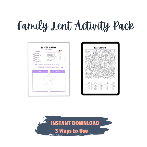 background, Family Lent Activity Pack, Print it, or digitally with any annotation app, instant download. Shows Ispy worksheet and Easter Sunday worksheet