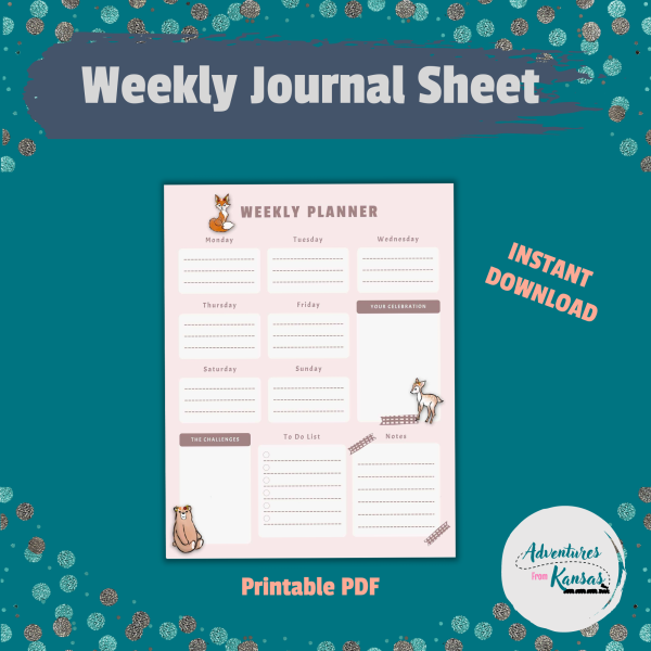 glitter teal dot background with weekly journal sheet, instant download, printable pdf, woodland animals of bear, deer, and fox on a weekly planner sheet