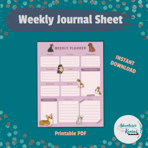glitter teal dot background weekly journal sheet, instant download, printable pdf, Dog Weekly Sheet with Purple background printed int eh middle