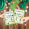 shows a kitchen table with st Patricks day coins and shamrocks showing st. Patricks Day bingo and two hands playing coins overs the bingo piece