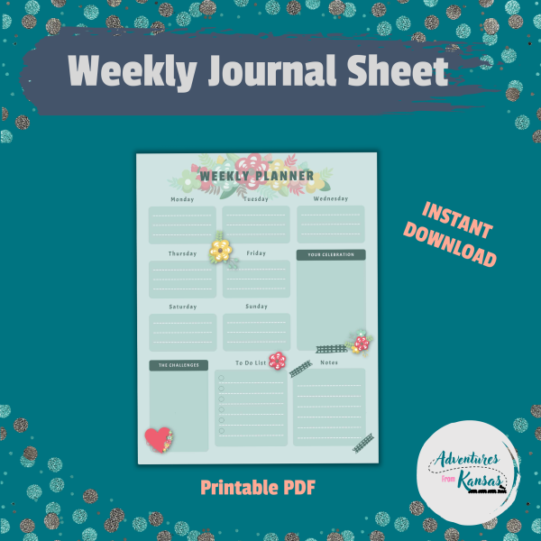 glitter teal dot background with instant downlaod, printable pdf, weekly journal sheet, shows green on green floral weekly planner