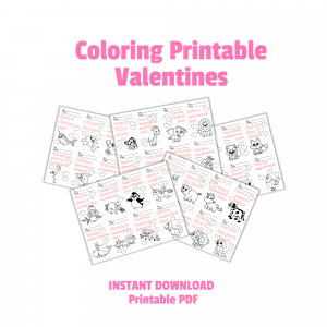 white background with coloring printable valentines. instant download printable pdf then shows all 5 sheets that include sea animals, zoo, farm, woodland and more to print and color