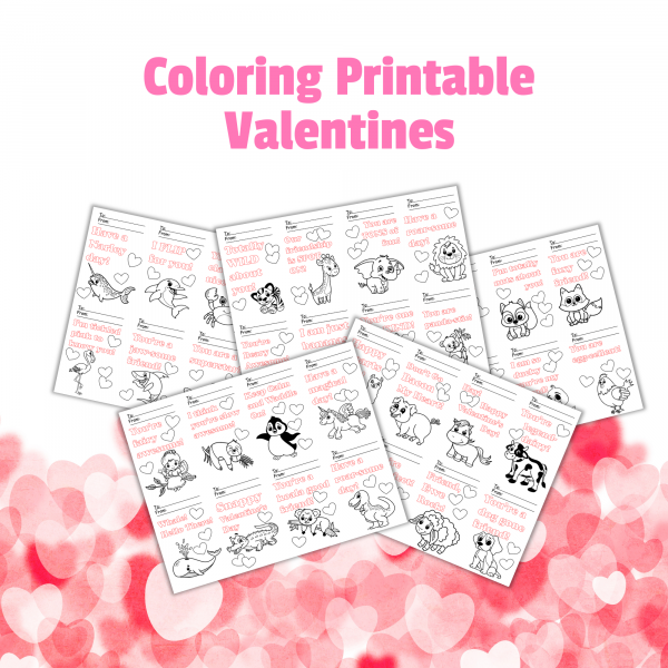 pink and white heart background with coloring printable valentines with all 5 sheets show with sea animal, zoo, farm, and more