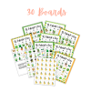 white background with 30 boards showing images of the boards with greens, yellows, and orange lucky background, st Patricks images of calling cards, and rainbow cover images to cover bingo