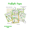 white background Multiple Pages, Use Over and Over Again. Bingo Cover Pieces, 3 Green Background Designs, 30 Boards, and Call Pieces...then has images of cover pieces, bingo pages, and call pieces