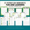 teal background, white strip with St. Patrick's Day Worksheets Fun and Learning Instant Download. Bottom says Printable PDF, Multiple Pages, Download and Print as Many as you Want! Then the images are pages included like word search, handwriting practice, math, and letter