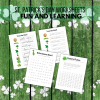 green-washed wood background with St. Patrick's Day Worksheets Fun and LEarning, shows What Comes Next 100 chart, trace the word, and mystery picture activity page