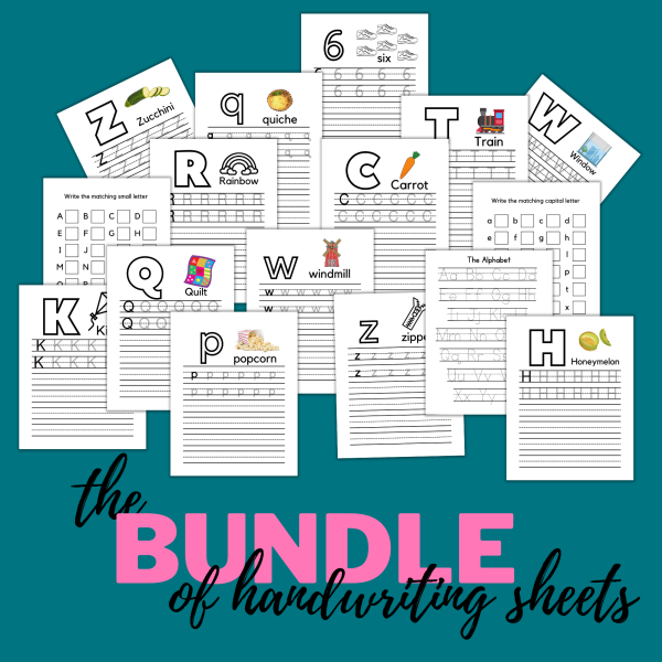 teal background, the bundle of handwriting sheets. Shows letter H with Honeymelong, the alphabet, Z with zipper, p with popcorn, Q with quilt and lines to trace and practice the letters including the number 6 and a matching letter writing game
