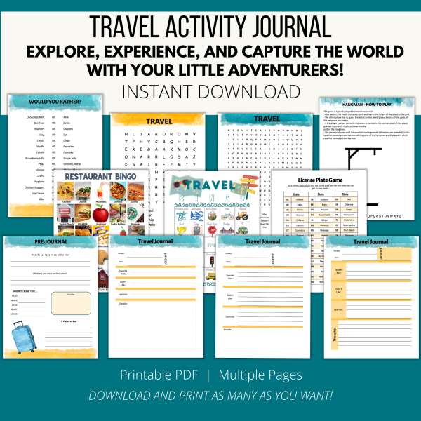 teal background, travel activity journal, explore, experience, and capture the world with your little adventures. instant download, printable pdf, multiple pages, download and prints many as you want. shows would you rather game, travel word games