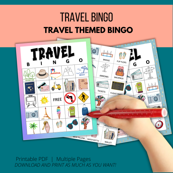 teal background, orange stripe with Travel BINGO, Travel themed bingo, printable pdf, multiple pages, download and print as much as you want, letter size, shows hand ready to make off the square on a travel themed bingo card