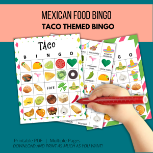 teal background with orange banner, Mexican food bingo, taco themed bingo, printable pdf, multiple pages, download and print as much as you want. Shows three pages of the taco bingo and a hand ready to mark it off