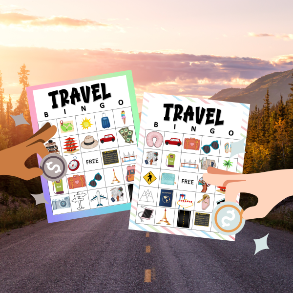 road background with two hands playing travel bingo on boards with images representing travel