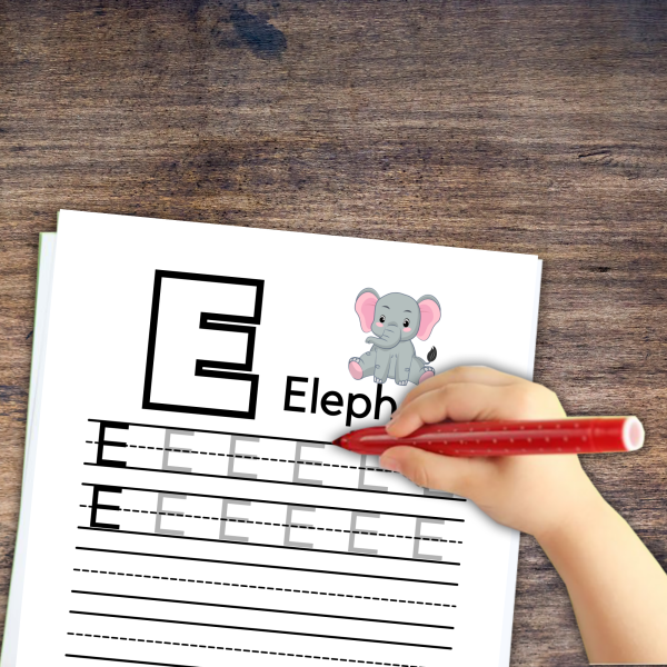wood table with the letter E elephant worksheet with a hand starting worksheet