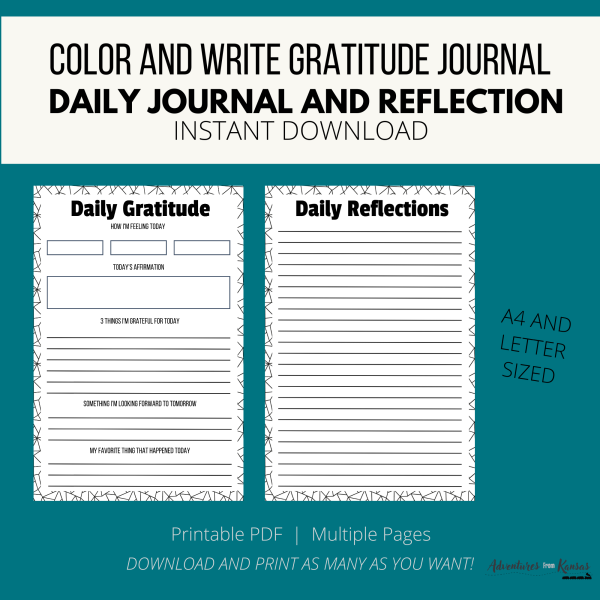 teal background white ribbon with Color and Write Gratitude Journal daily journal and reflection instant download, printable pdf, multiple pages, download and print as many as you, a4 and letter sized.