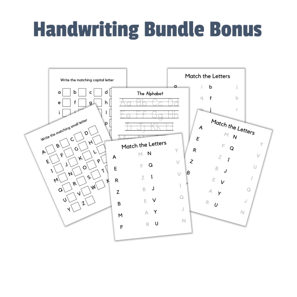 white background , Handwriting bundle bonus, printable pdf, instant download, shows writing the matching letter, match the letters, and write the alphabet.