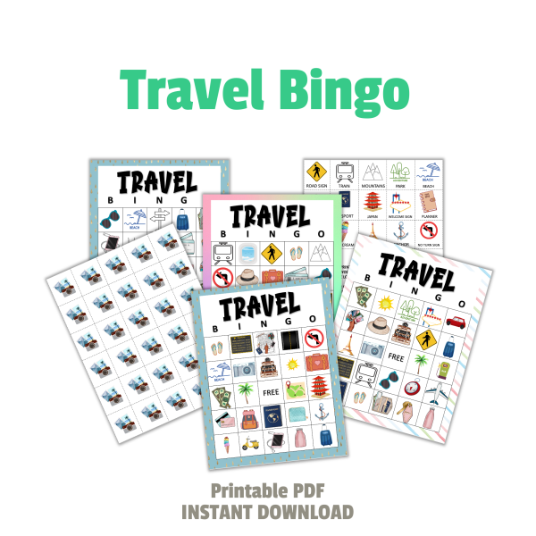 white background, travel bingo, printable pdf, instant download, shows pictures of camera covering pieces, calling cards, and travel bingo boards with blue gold dots, stripes, and multicolor boards with travel items images