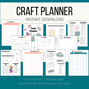 teal background, white stripe Craft Planner Instant download, Printable PDF, Multiple Pages, Download and print as many as you want. Shows binding page, project list, vinyl and fabric reference page, quilt page, sketch design, fonts, and stores