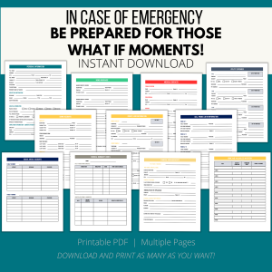 teal background, white stripe In Case of Emergency Be prepared for those what if moments! Instant download, printable pdf, multiple pages, download and print as many as you want. Shows pages from each section of the printable from personal to death