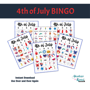 white background, blue border with 4th of July BINGO, bottom Instant Download, Use Over and Over Again, Images of Bingo Boards and calling Cards