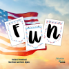 flag blowing in the sky bkg, Instant Download, Use Over and Over Again. Spelling out FUN, with lgt blue bkg with stars, red, white, blue zig zag, and flags on white bkg with stars make up the three patterns included in the set