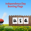 fence with BBQ and glass bkg, with Independence Day Bunting Flags, Instant Download, Use Again and Again, Spells out USA with 3 different pattern papers in red, white, and blue