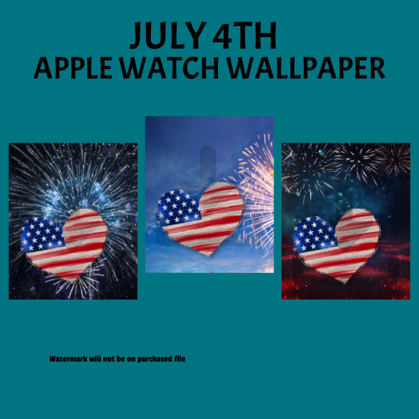 teal bkg, July 4th Apple Watch Wallpaper, Watermark will not be on purchased file. black bkg with blue fireworks with American flag heart, blue background sky with yellow firework with American heart, black bkg with red, blue, and white with heart