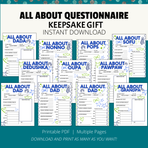 teal background words: printable pdf, multiple pages, download and print, instant download, all about questionnaire, keepsake gift, pictures of sheets include one of Dad, Nonno, Pops, Sofu, Dedushka, Oupa, PawPaw, Dad, Grandpa