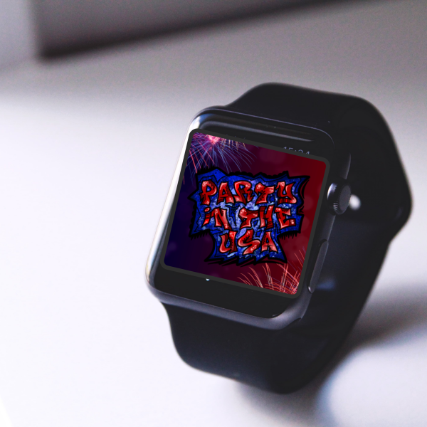 Apple Watch sitting on a desk with display on showing party in the USA with red blue firework background with the words on top