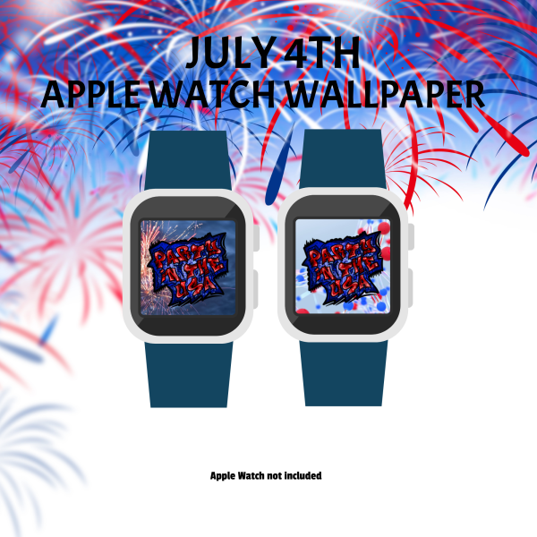 firework bkg, July 4th Apple Watch Wallpaper, Apple Watch not included. shows firework and dot background with Party in the USA graffiti words