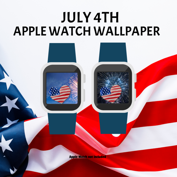 white bkg with flag, July 4th Apple Watch Wallpaper, blue Apple Watch with blue background and dark bkg with fireworks and American heart